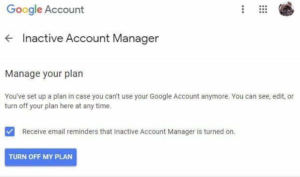Revisar el plan de cuentas de Google inactivo