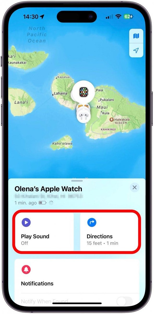 אם ה-Apple Watch שלך לא היה מת או במצב לא מקוון, תוכל להפעיל סאונד כדי לשמוע אותו מצלצל אם הוא בקרבת מקום או הקש על הנחיות כדי לנווט אליו.