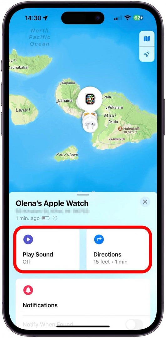 Si su Apple Watch no estuviera muerto o fuera de línea, podría reproducir sonido para escucharlo sonar si está cerca o tocar Indicaciones para navegar hasta él.