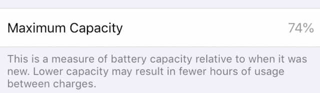 iPhone baterija na 74% maksimalnog kapaciteta u Postavkama.