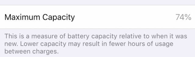 iPhone akkumulátor 74%-os maximális kapacitással a Beállításokban.