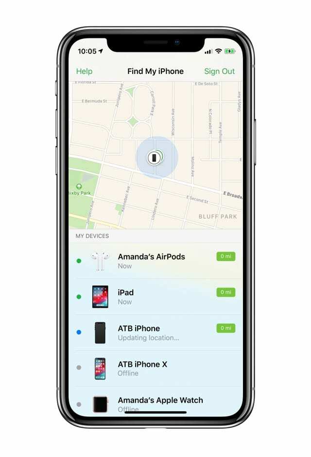 Laitteeni, jotka on lueteltu iPhonen Find My iPhone -sovelluksessa