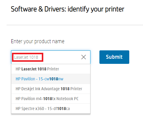 LaserJet 1018 ke dalam kolom pencarian situs resmi HP