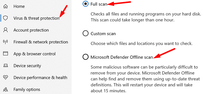 Windows-Sicherheits-Scan-Optionen