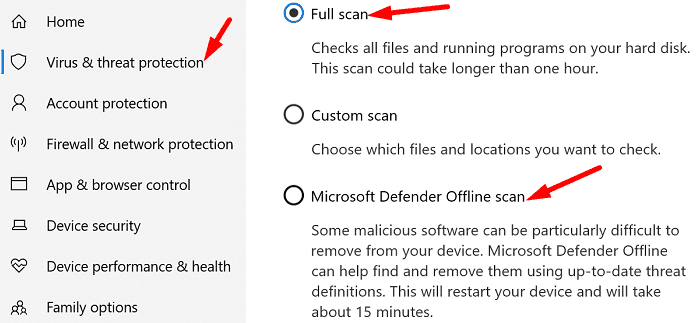 Windows-Security-scan-options