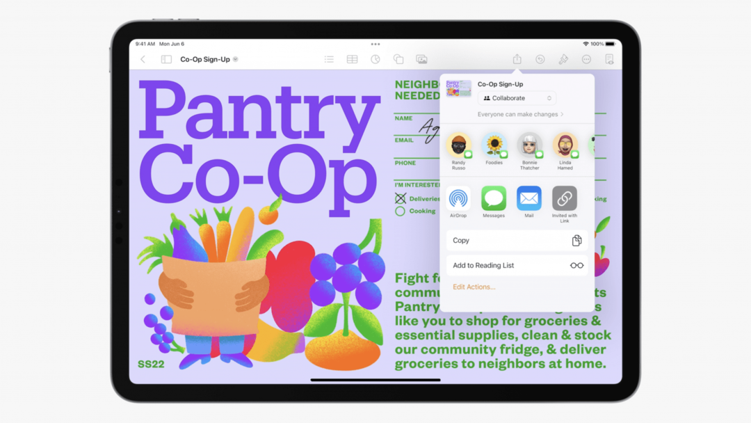 Slika s Apple WWDC prezentacije koja prikazuje otvoreni dokument s listom za dijeljenje za suradnju na iPadu.