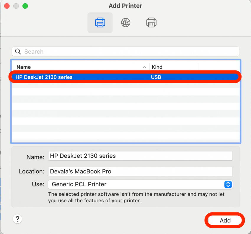 حدد طابعتك من قائمة الطابعات المتصلة وانقر فوق إضافة.