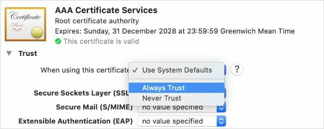 Настройки за доверие на сертификата в приложението Keychain Access