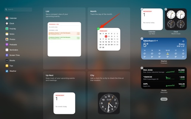 Cuplikan layar menunjukkan cara menambahkan widget baru di Mac