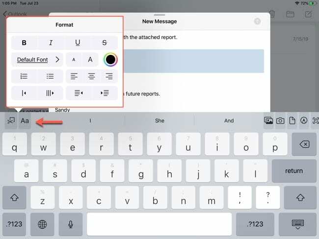 Teksti vormindamise menüü rakenduses Mail iPadOS