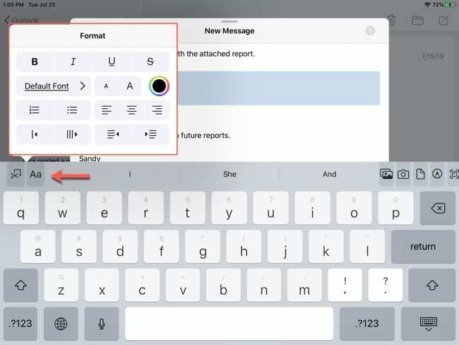 Menu pemformatan teks di Mail iPadOS