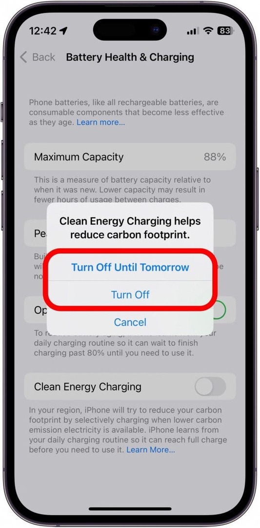Odaberite želite li isključiti Clean Energy Charging samo do sutra ili ga potpuno isključiti.