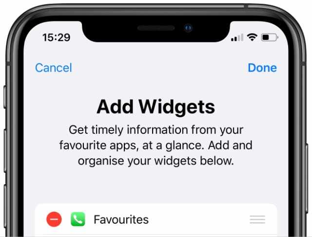 מסך עריכה של ווידג'טים של אייפון עם אפשרות ווידג'ט מועדפים