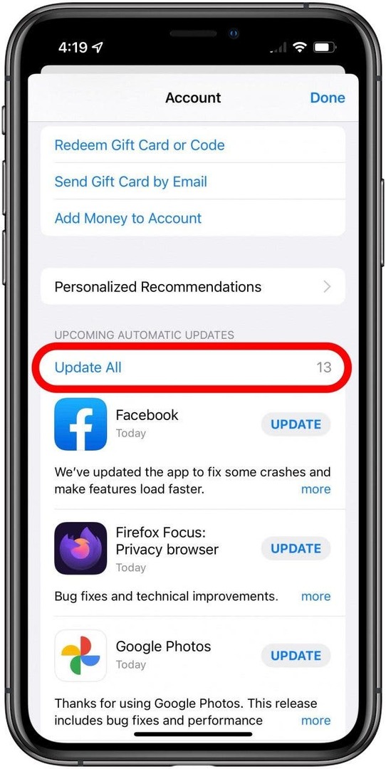 App Store-Kontomenü mit markiertem Update All