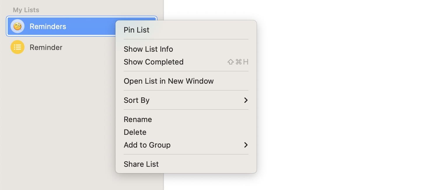 Screenshot, der zeigt, wie eine Liste in der Erinnerungen-App angeheftet wird