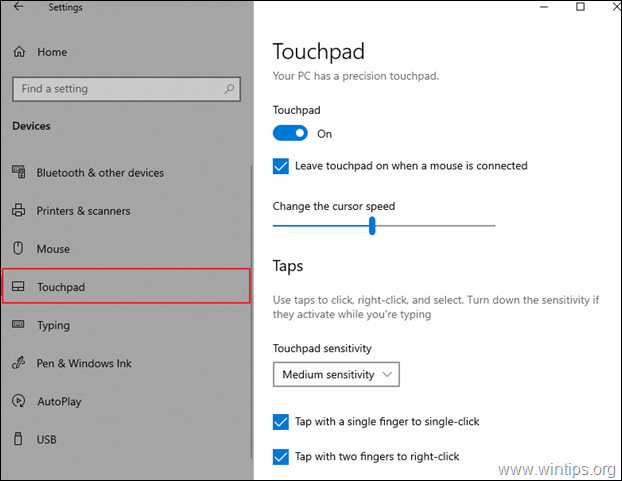 Možnosti zariadenia TouchPad Windows 10