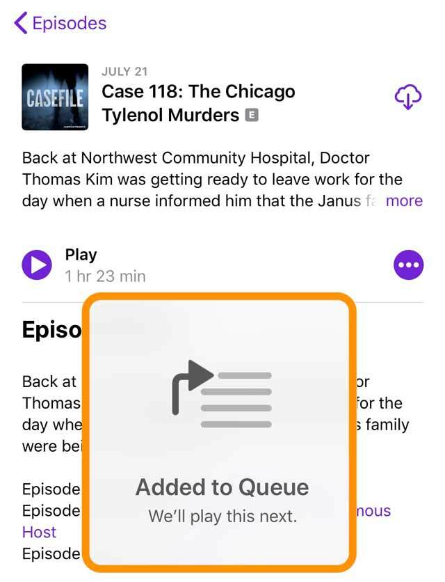 tilføjet til køen i Podcast-appen