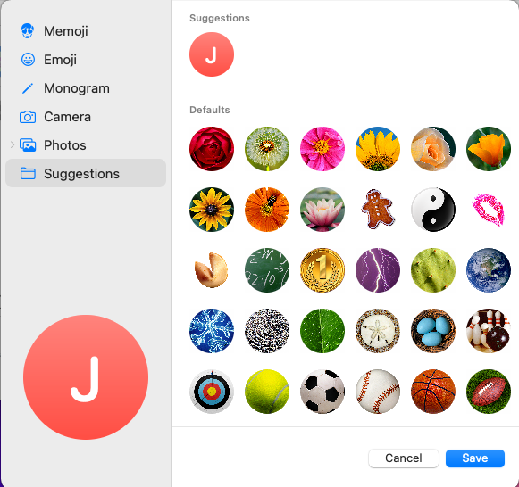 Profilkép megváltoztatása MacBookon a Javaslatok segítségével