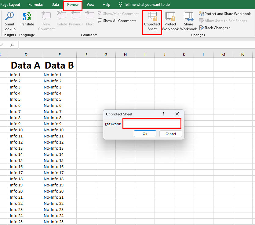 Heben Sie den Schutz eines Arbeitsblatts in Excel auf