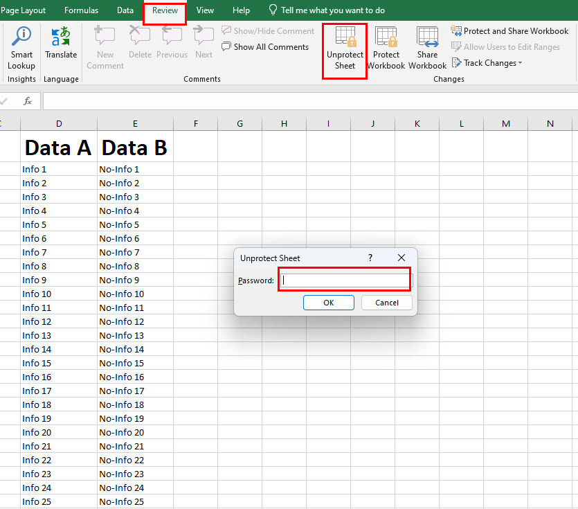 Zrušte ochranu listu v aplikaci Excel