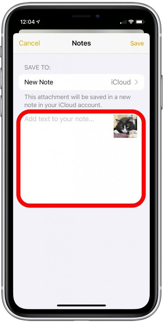 photos secrètes iphone: la photo de partage vers le menu Notes avec le champ de texte en surbrillance