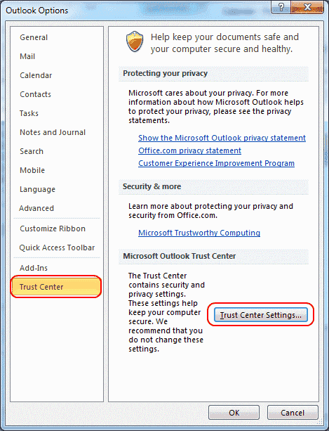 Knop Instellingen Vertrouwenscentrum van Outlook 2010