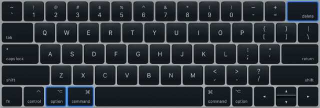Tastatūras taustiņi Option+Command+Delete