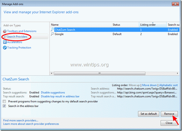 odstranit ChatZum Search engine - internet explorer