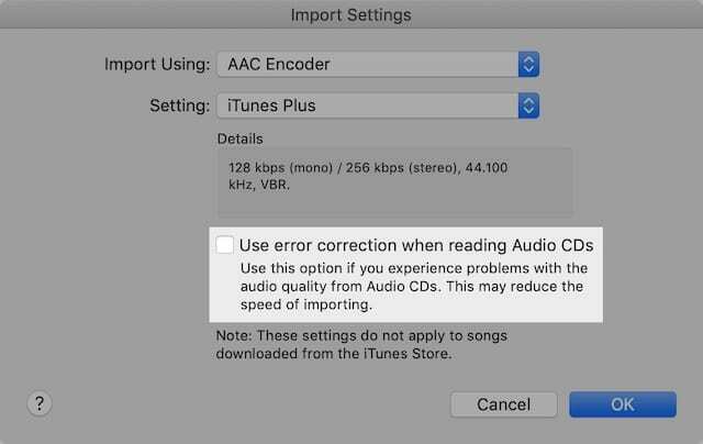 استخدم تصحيح الخطأ عند استيراد الخيار في iTunes.