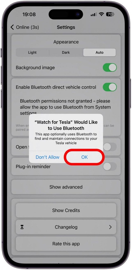 Vous devrez peut-être accorder des autorisations Bluetooth en fonction des paramètres de votre iPhone. Appuyez sur OK.