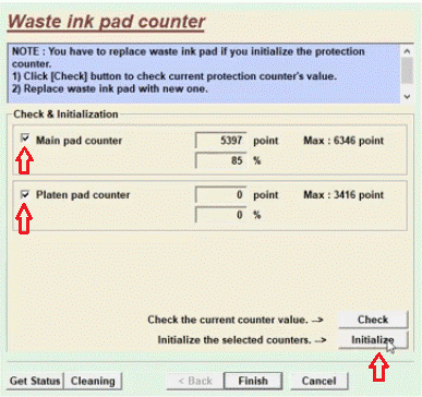 Initialiseer de teller voor verspilde inktkussentjes