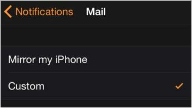 Configurações de notificações para o aplicativo Mail no Apple Watch