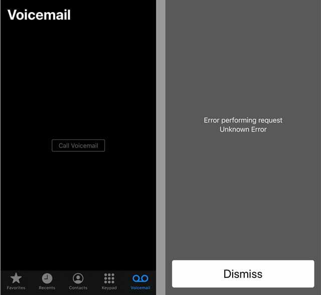 грешка в гласовата поща повикване на гласова поща на iPhone