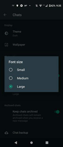 Šrifto dydžio parinktys WhatsApp