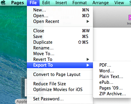 экспорт файлов страниц в Mac OSX