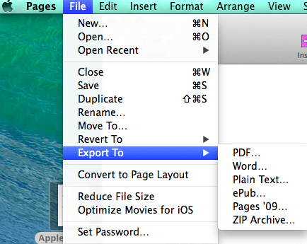 exportation de fichier de pages mac osx