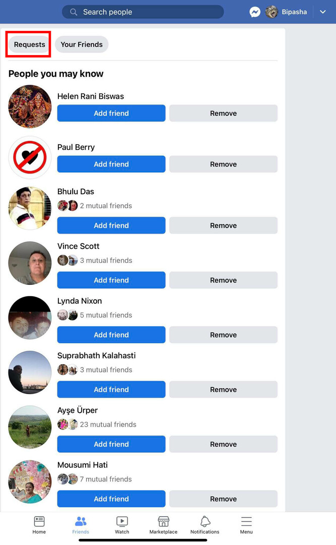 Die Registerkarte „Freunde“ in der iOS-Facebook-App