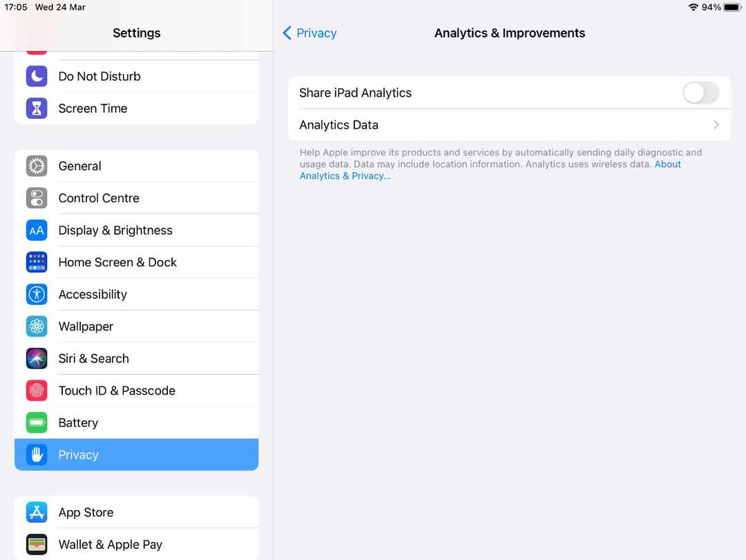 გააზიარეთ Analytics ვარიანტი iPad-ის პარამეტრებში.