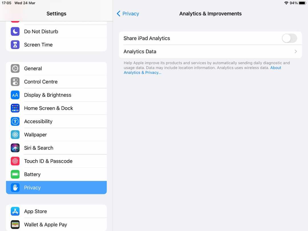 Jaa Analytics-vaihtoehto iPadin asetuksissa.