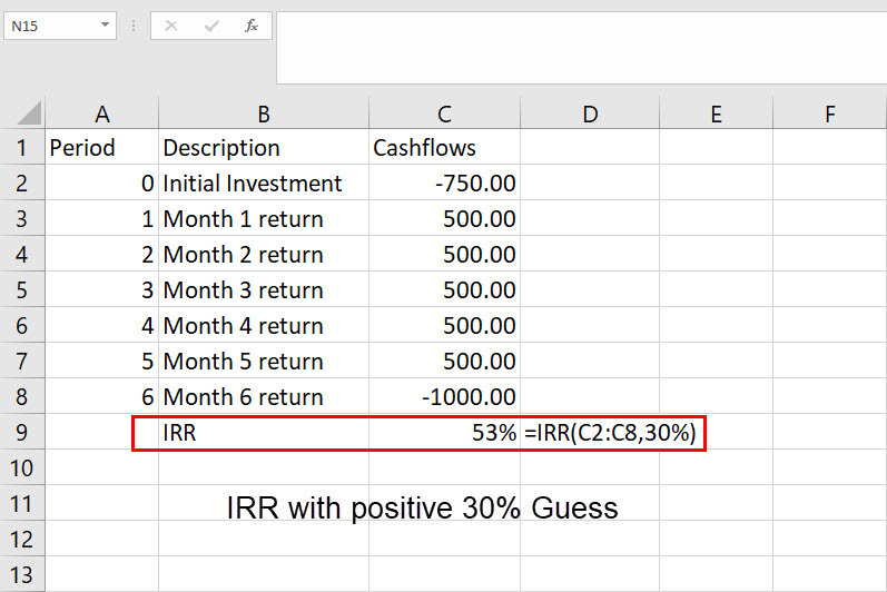 Гледайте как да изчислите IRR в Excel с помощта на предполагаемата стойност на IRR