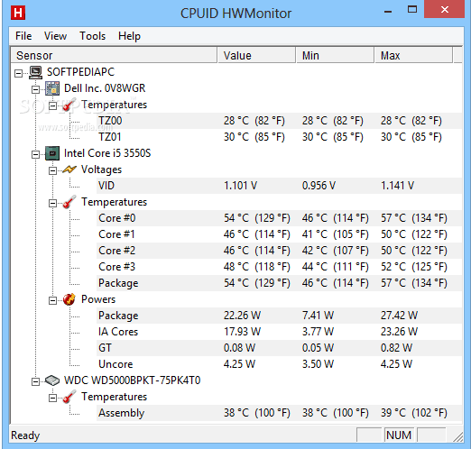 HWMonitor - Windows CPU ტემპერატურის მონიტორინგის ინსტრუმენტი
