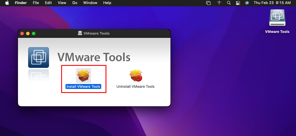 حدد تثبيت أدوات VMware