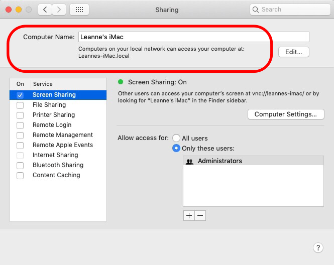 nombre de la computadora y dirección IP