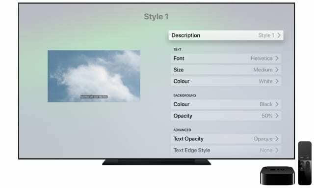 Apple TV სუბტიტრების სტილის მენიუ