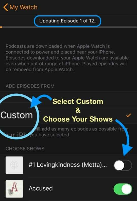 Možnost po meri v aplikaciji podcast za izbiro oddaje Apple Watch