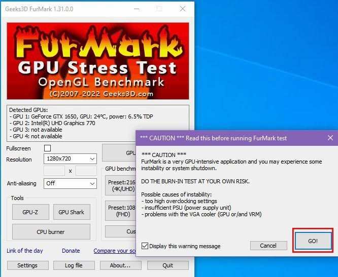 Evaluación comparativa de la interfaz de usuario de Furmark Ir