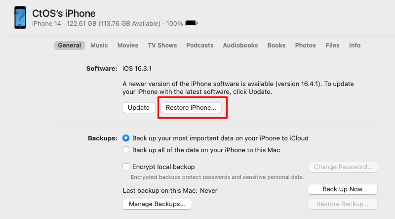 Restaurar a opção do iPhone no aplicativo Finder no Mac