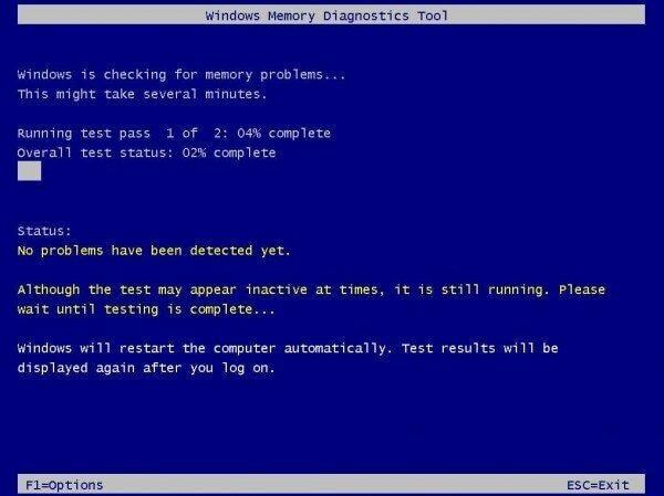 Objeví se obrazovka Windows Memory Diagnostic