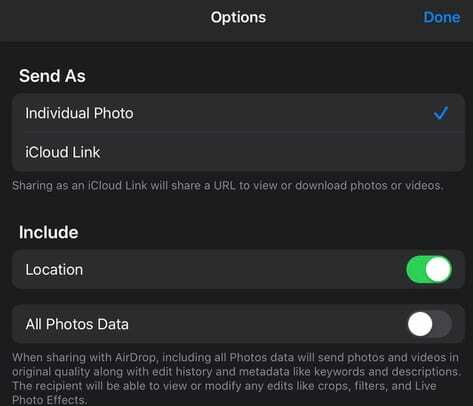 compartir opciones de imagen de hoja para la aplicación Fotos iOS13 y iPadOS