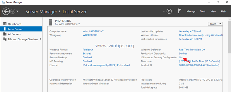  sammuta Internet Explorer Enhanced Security Configuration Server 2016